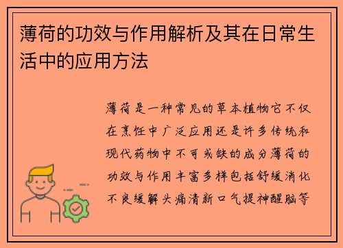 薄荷的功效与作用解析及其在日常生活中的应用方法