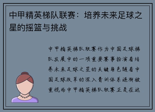 中甲精英梯队联赛：培养未来足球之星的摇篮与挑战